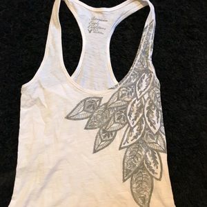 White racer back tank top with gray sparkle design